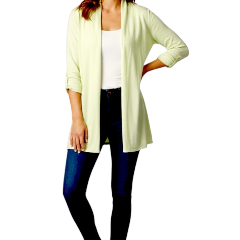 Magaschoni Key Lime Green Open Front Rolled Sleeve Duster Cardigan Size Medium
